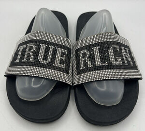 True Religion Slide Sandals Black Rhinestone Logo Women Size 9